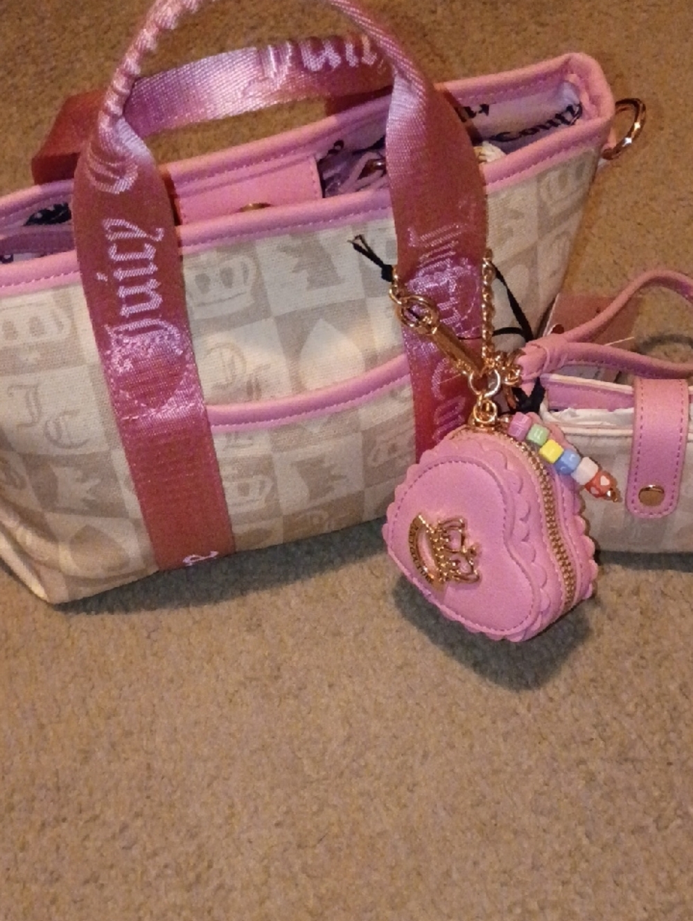 Juicy Couture Beige Monogram Kids Tote with Pink Trim and Heart Coin Purse